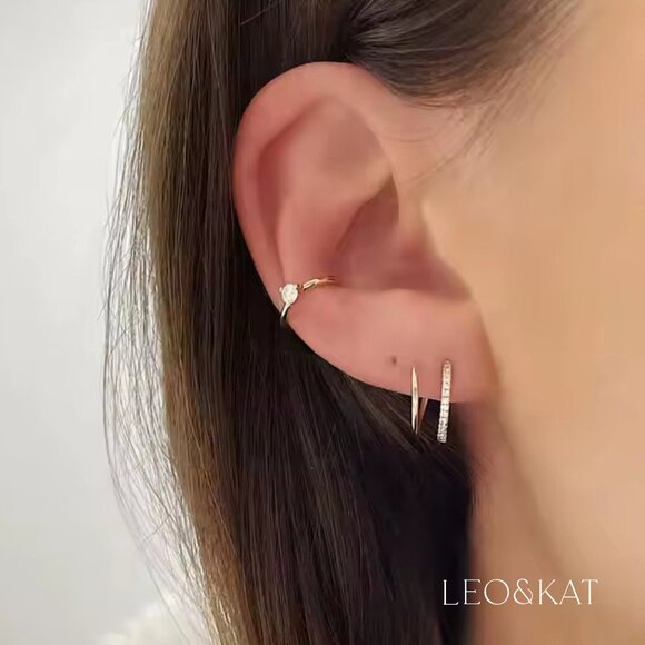 Pave Open Hoop Threader Earrings in Gold and Silver. 925 Sterling Silver. #1130 - Picture 5 of 5